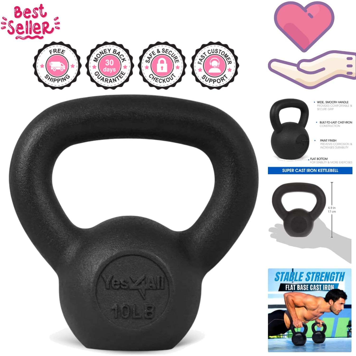 Yes4All Cast Iron Kettlebell 10 Lbs - Perfect for Strength & Full Body Workouts