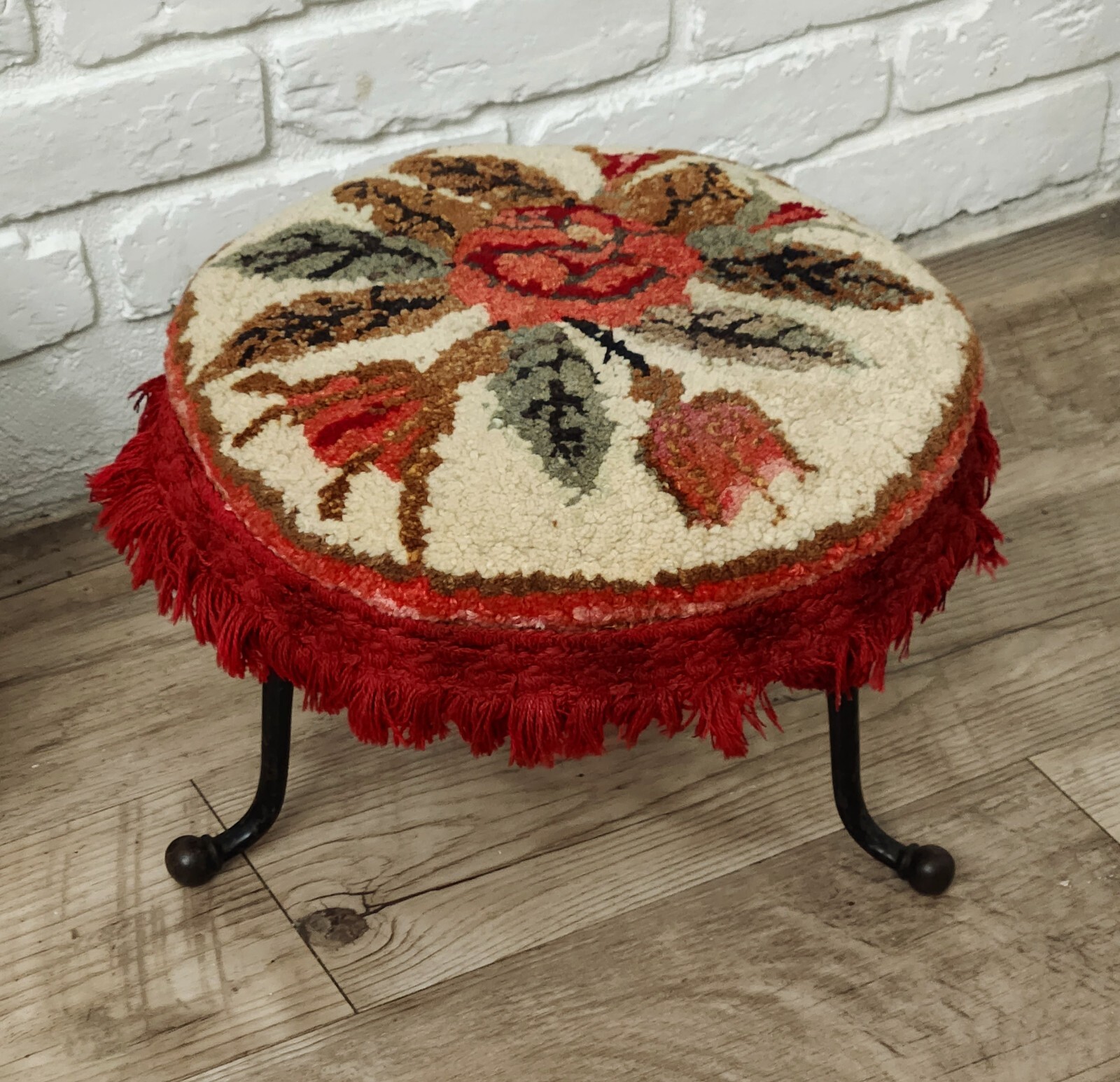 Antique Victorian Hooked Rug Foot Stool Wrought Iron Legs Floral Fringe Vintage