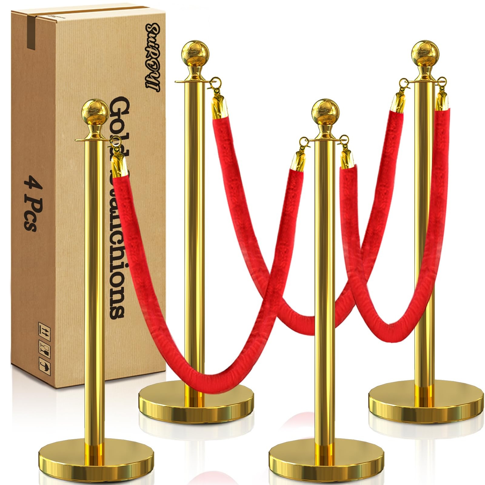 4 Pcs Gold Stanchions with Velvet Ropes with 3 Pcs 5 Ft Red Velvet Ropes Carpet