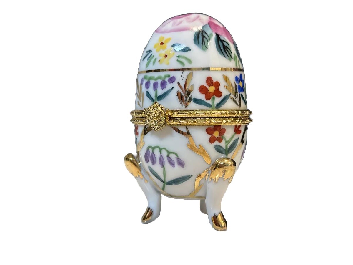 Beautiful Porcelain Floral Gold Footed Egg Trinket Box Easter Egg Trinket Box