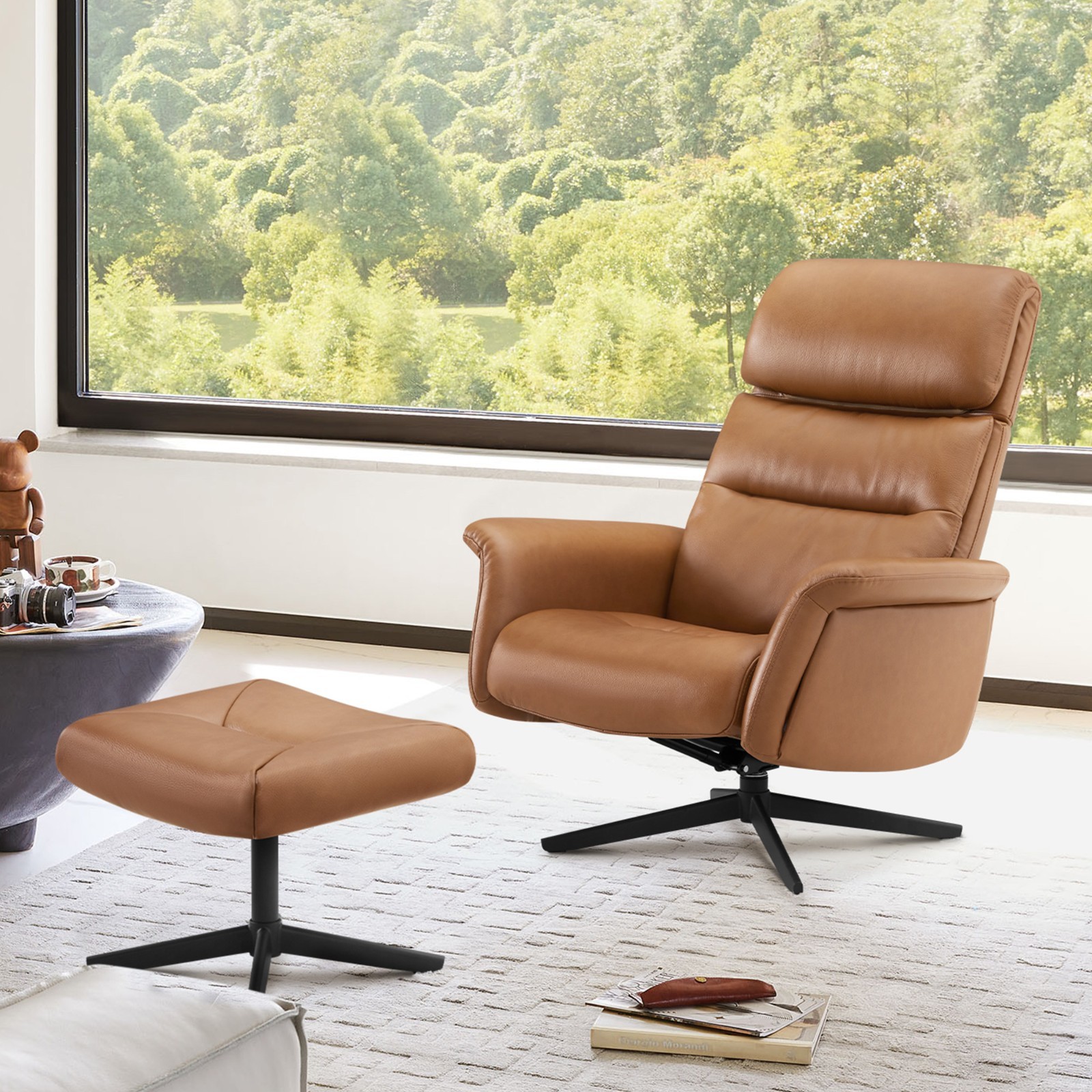 CHITA Genuine Leather Self-Weight Reclining Swivel Chair w/Adjustable Headrest