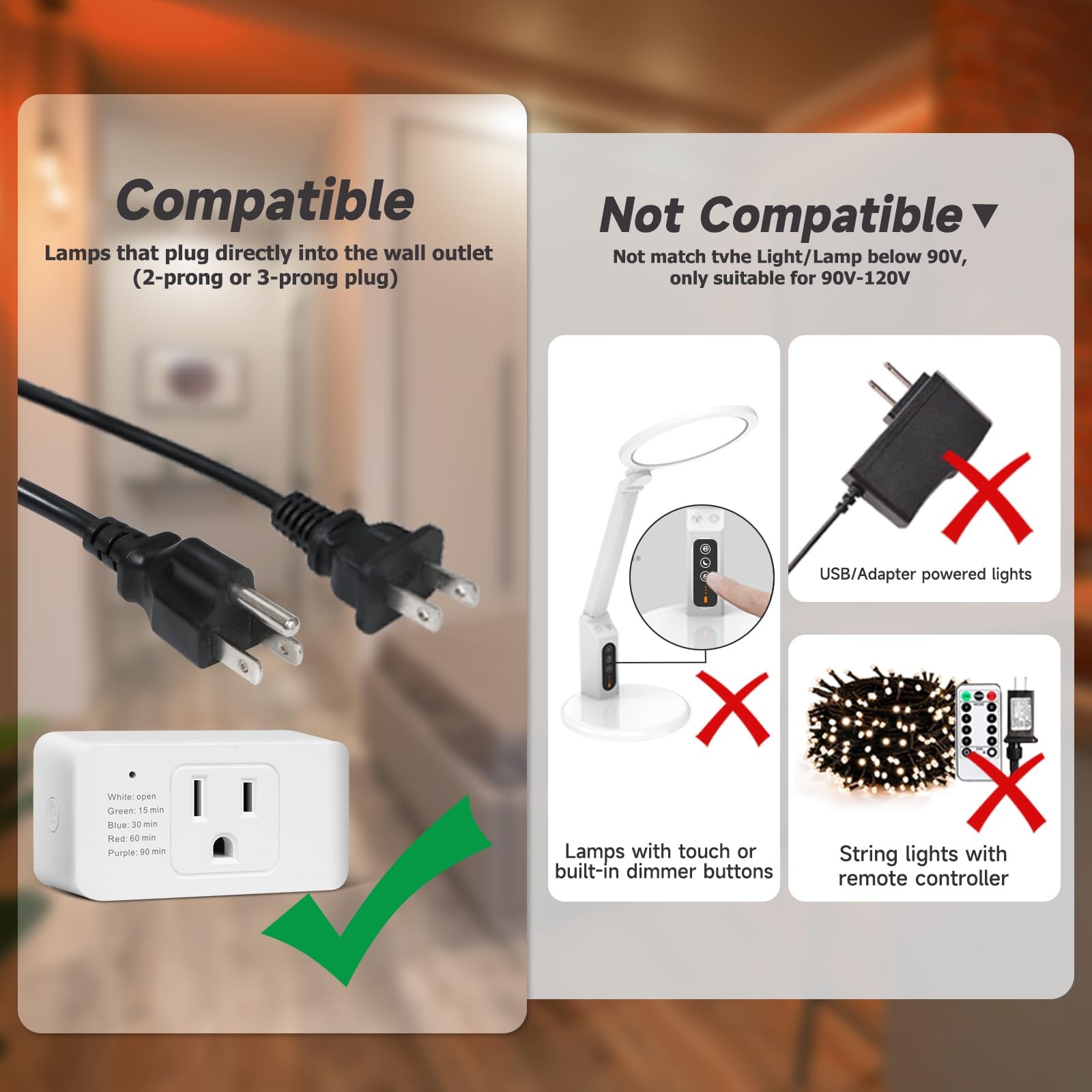 Indoor String Light Dimmer with Remote Control & Timer for 2/3 Prong Plugs