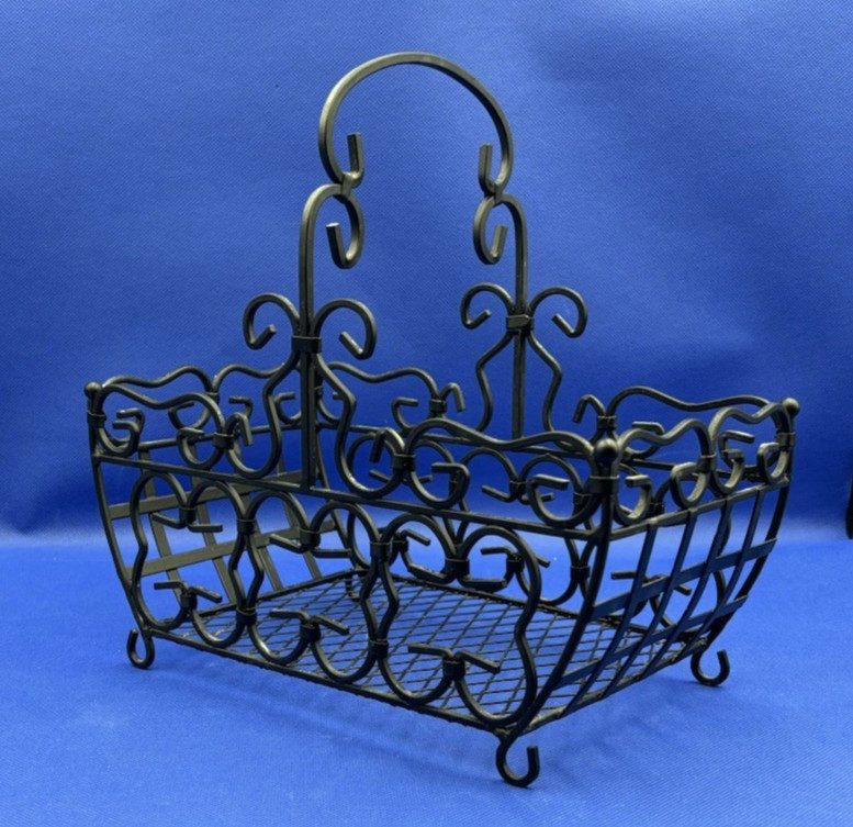 Decorative Black Metal Scroll Basket w/ Handle French Country Style