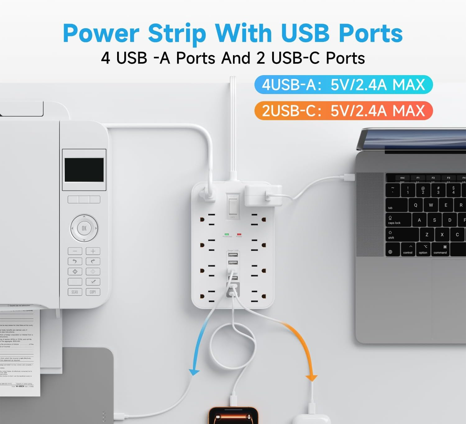 Flat Extension Cord USB USBC Ports 5FT 10 AC Outlet 6 1 Switch 2 LED Indicator