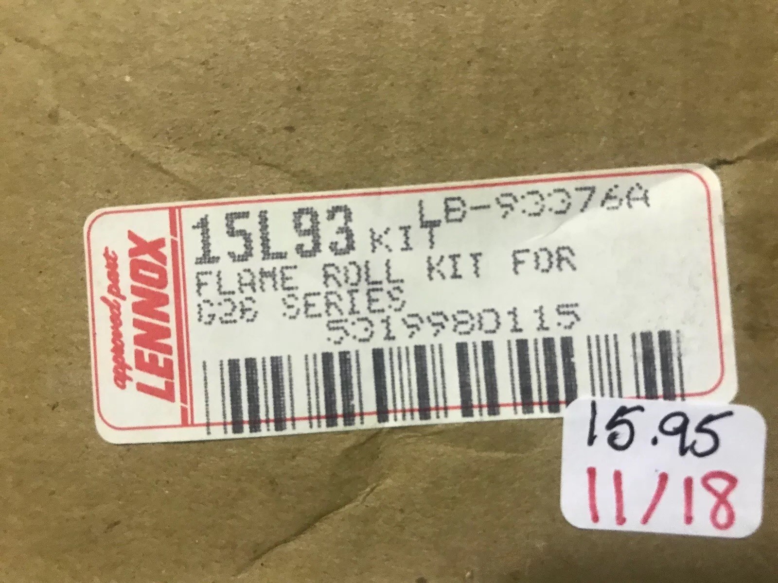 LENNOX 15L93 KIT FLAME ROLL-OUT SWITCH KIT # LB-93376A (15L93) FOR G26 SERIES