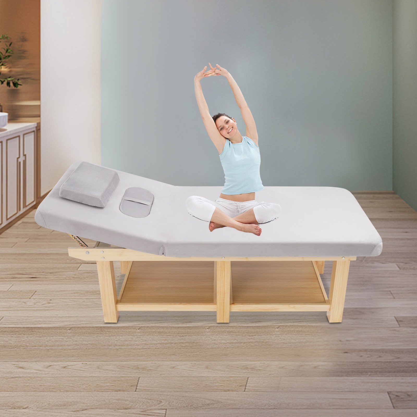 6 Legs Wide Solid Wood Spa Massage Bed, Adj Backrest Physical Treatment Bed