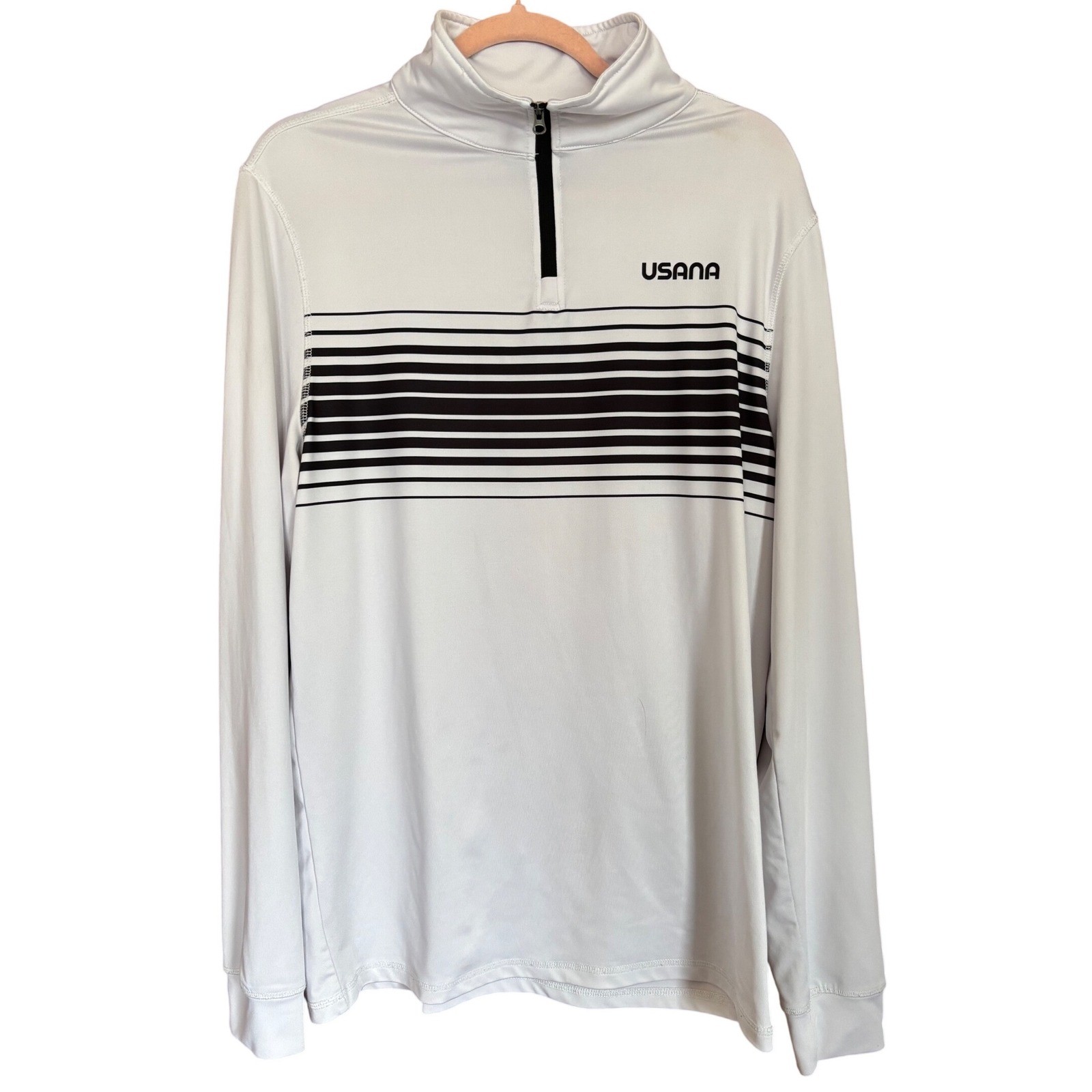 USANA Mens Small Quarter Zip Pullover White Black Striped Performance Golf Shirt