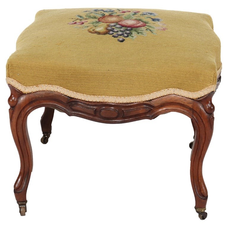 Antique Rococo Revival Rosewood Footstool with Floral Needlepoint C1890
