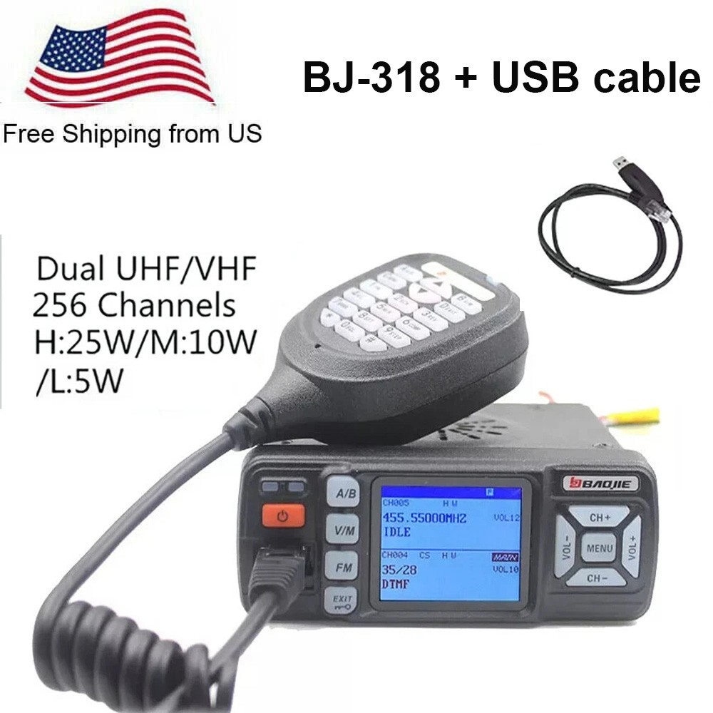 Baojie BJ-318 Mini Mobile Radio 25W Dual Band Vehicle Mount Station + USB Cable
