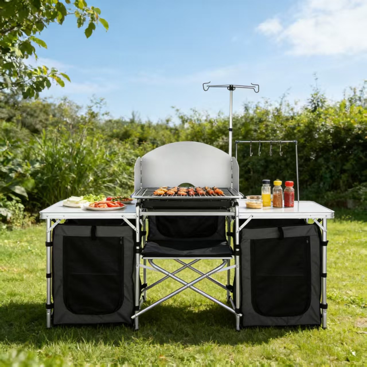 Folding Camping Table Aluminum Cooking Station Detachable Windscreen Storage Bag