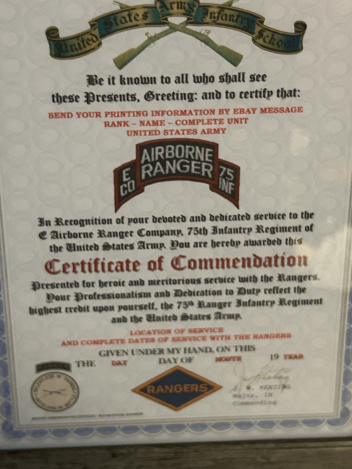 U.S. ARMY RANGER - E CO / 75 INFANTRY COMMENDATION CERTIFICATE (COMMEMORATIVE)