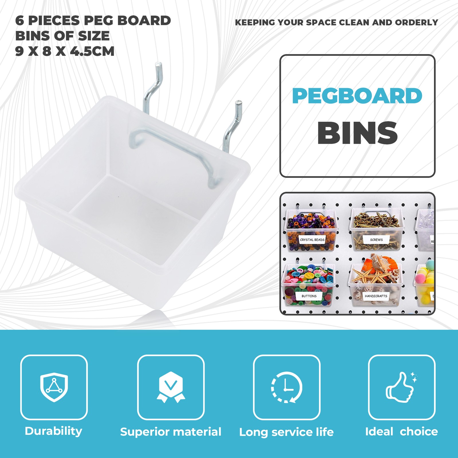 6 Pack Pegboard Clear Bins, Pegboard Bins Hooks, DIY Pegboard Accessories,4475