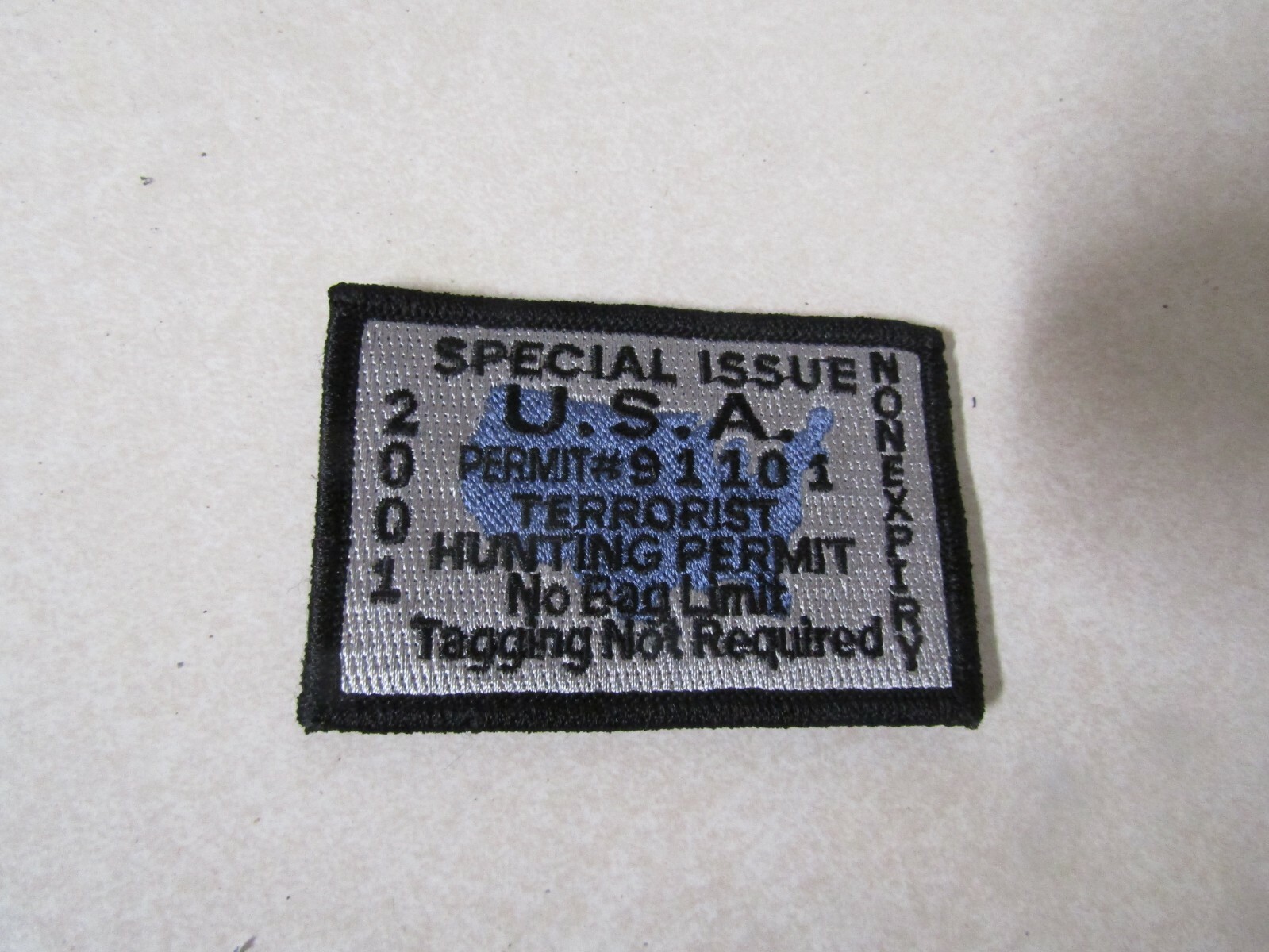 PATCH HOOK & LOOP SPECIAL ISSUE USA TERRORIST HUNTING PERMIT GRAY BLACK BORDER