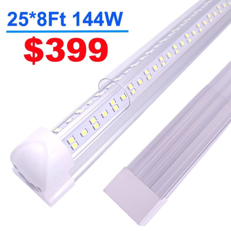 25 Pack T8 8 Feet LED Tube Light Bulbs 6500K 144W 8Ft Shop Led Lights Linkable