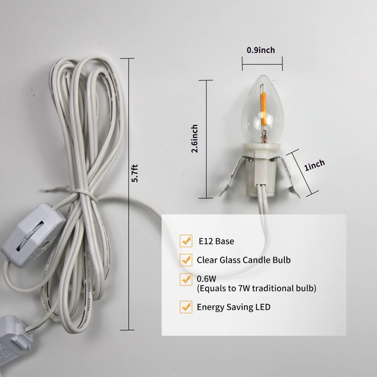 Set of 2 Accessory Cord with 2 C7 Led Light Bulb 6Ft Light IndoorString Lights