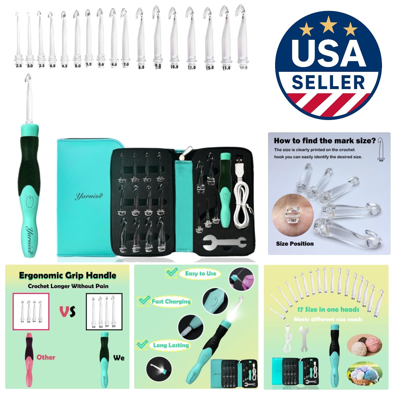 Compact Light-Up Crochet Hook Set: 17 Sizes (2.5mm-14mm) for Easy Crafting