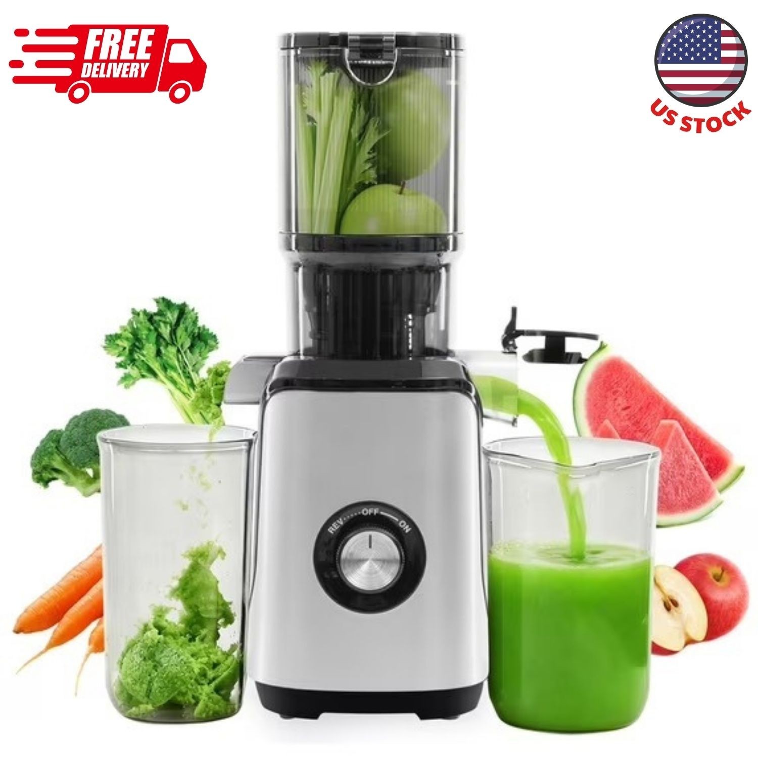 Cold Press Juicer, Masticating Juicer Machines with Wide Feed Chute, Silver
