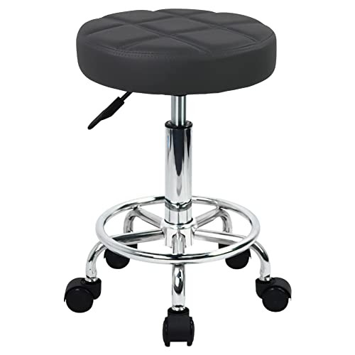 Round Rolling Stool with Footrest PU Leather Height Adjustable 360° Swivel
