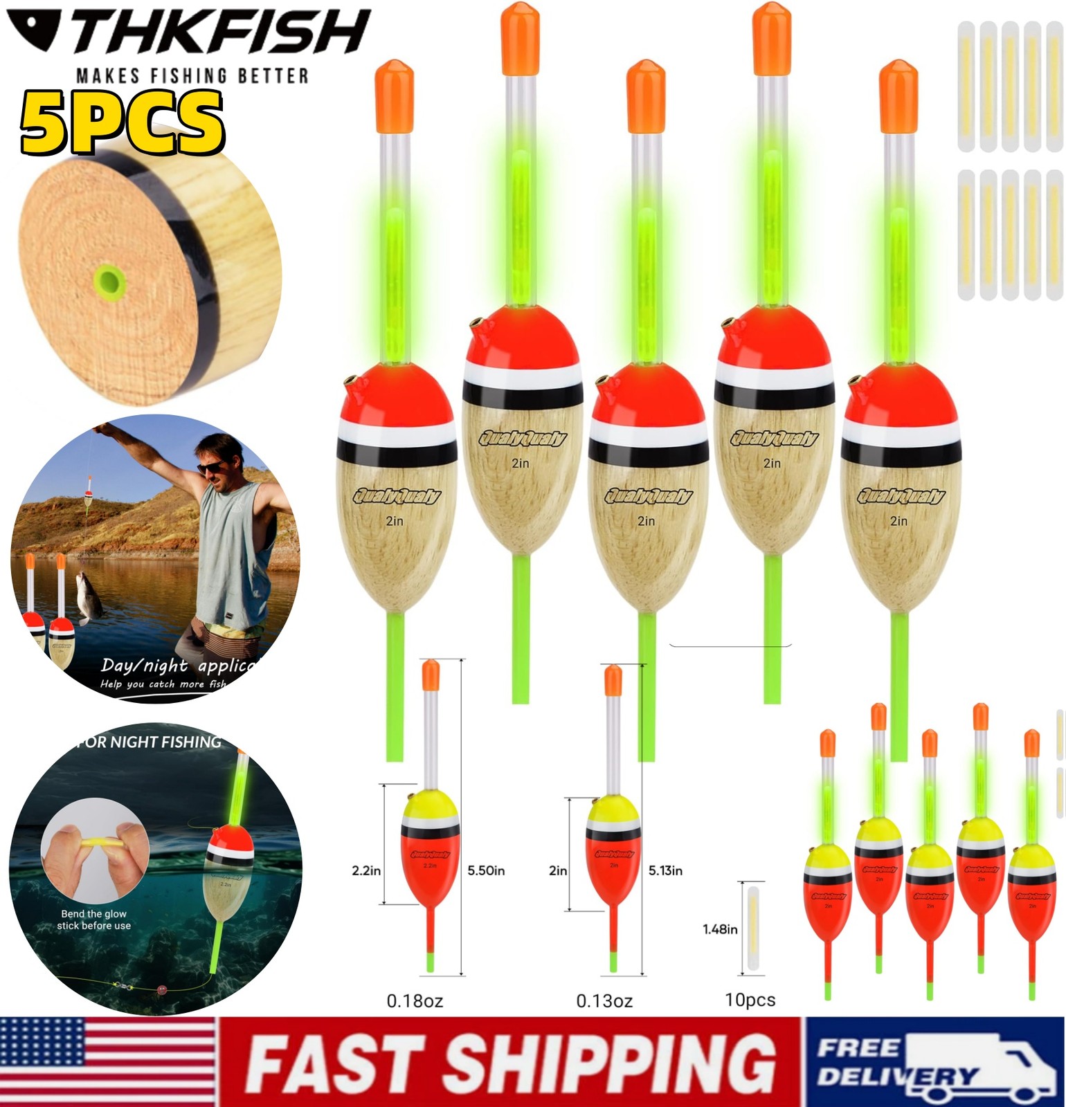 5Pcs Lighted Fishing Slip Bobber Wood/EVA Fish Float + 10Pcs Glow Sticks Night