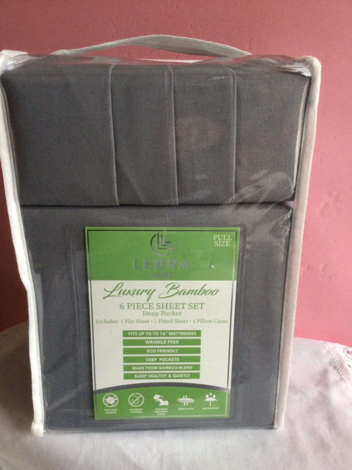 Lebra Home Luxury Bamboo 6 PC Sheet Set Full Size Color Grey Brand New