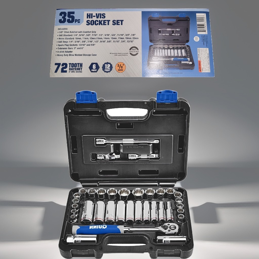 QUINN 3/8 in. Drive SAE and Metric High-Visibility Socket Set, 35-Piece