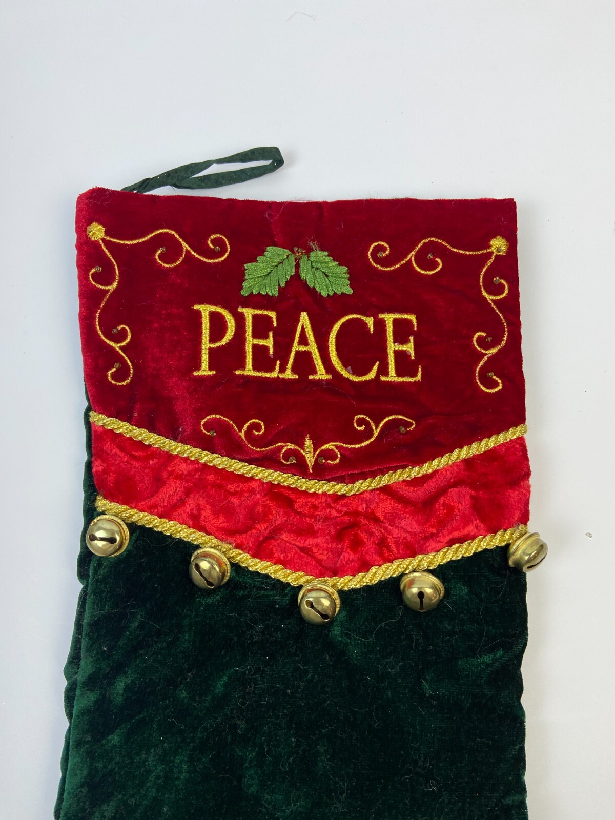 Beautiful Christmas Stocking 20" Peace Bells Polyurethane Green Red