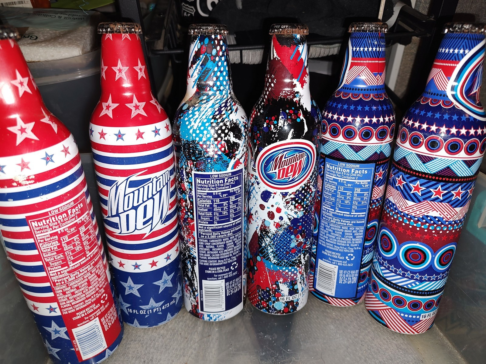 Mountain Dew Collectible Patriotic Aluminum Bottles Set of 6 Red Blue White