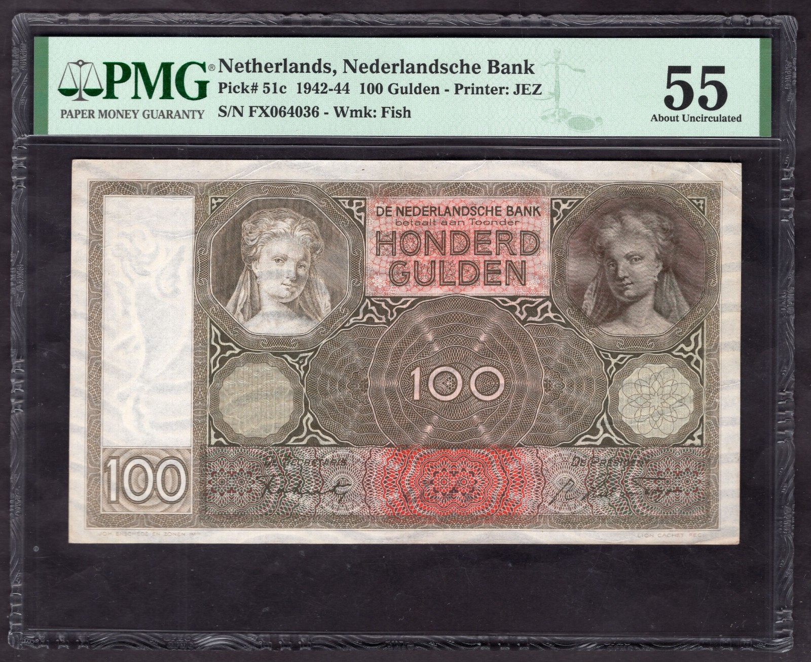 Netherlands. 100 Guilders 5-5-1942 (WPM 51c) 55 About Uncirculated.
