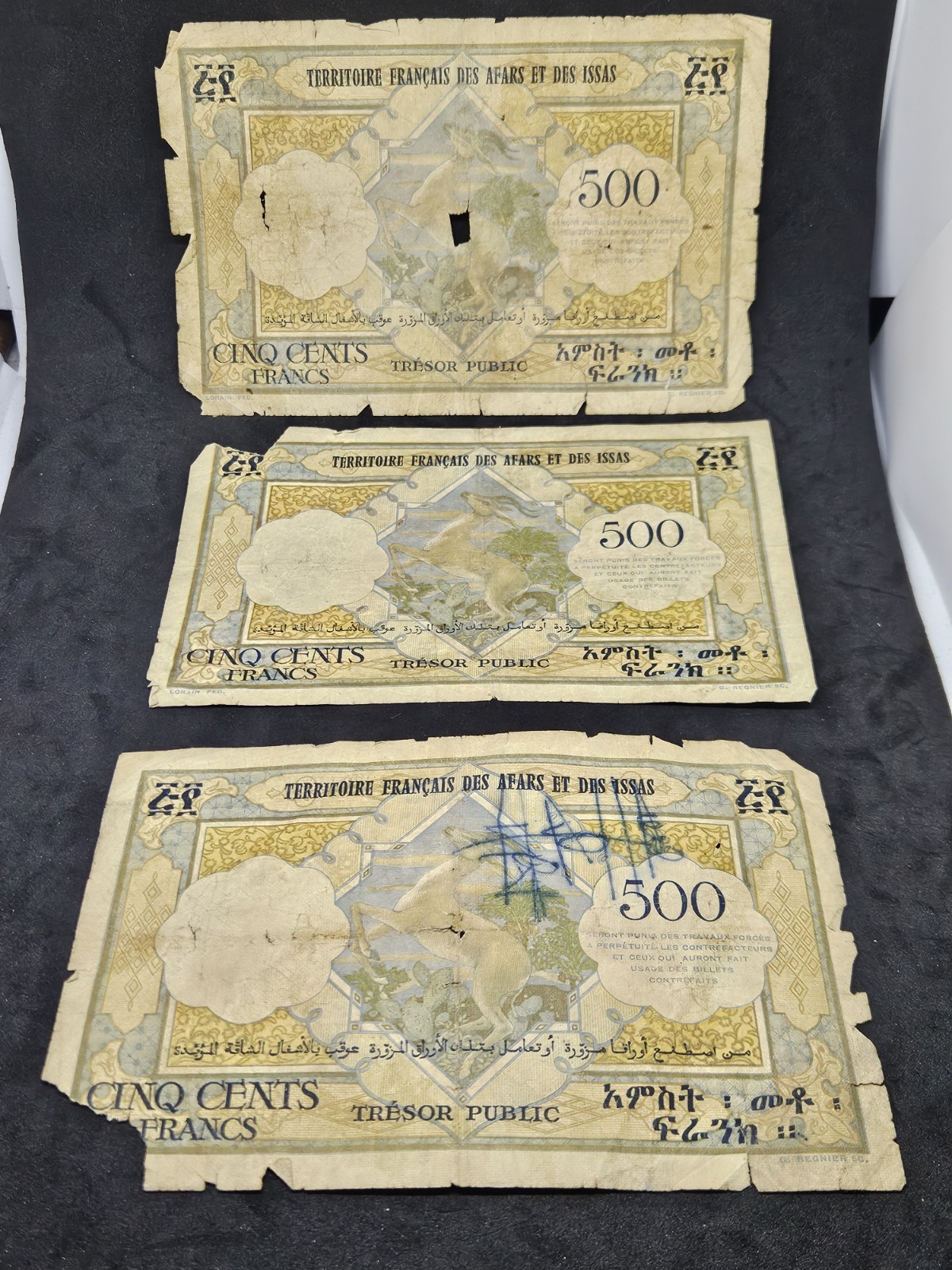 3 - FRENCH AFARS & ISSAS 500 Francs 1973, P-31, Well used, But Scarce.