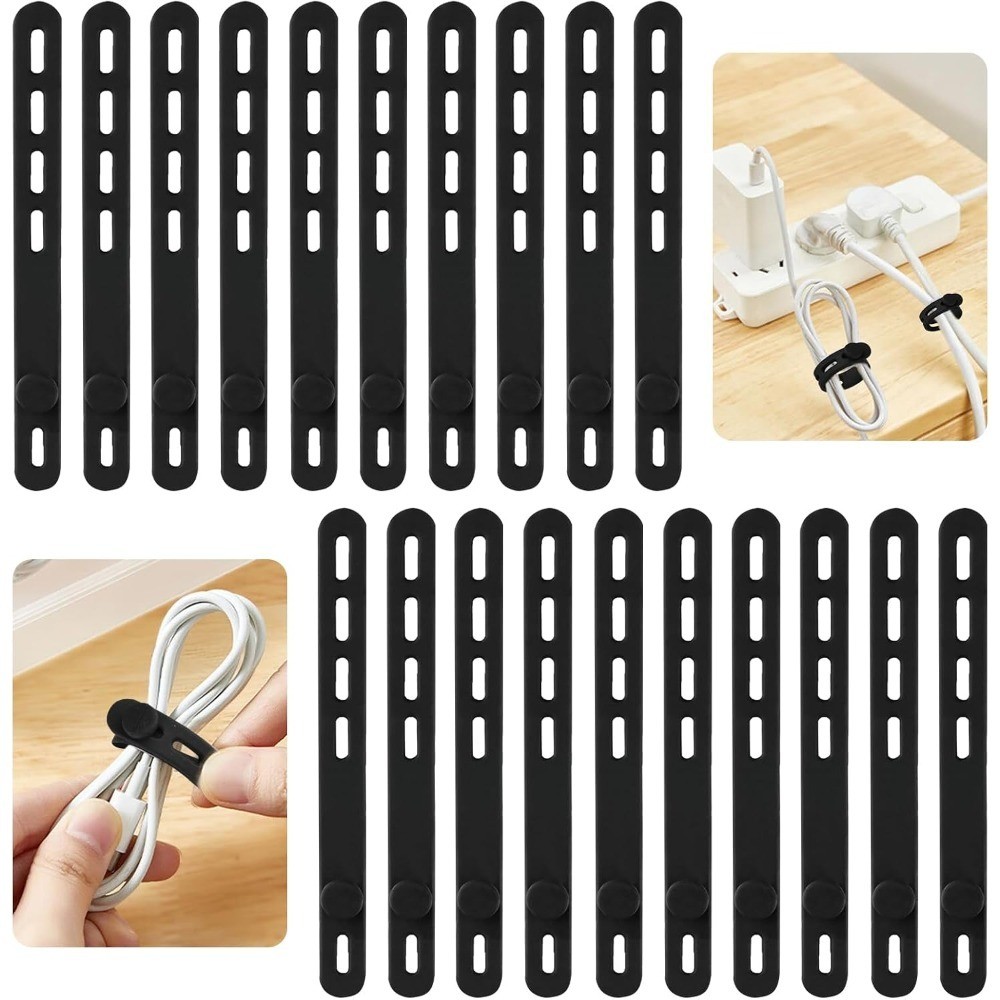 20 Pcs Black Silicone Cable Ties, Reusable Cable Straps Wire Organizer, Cable