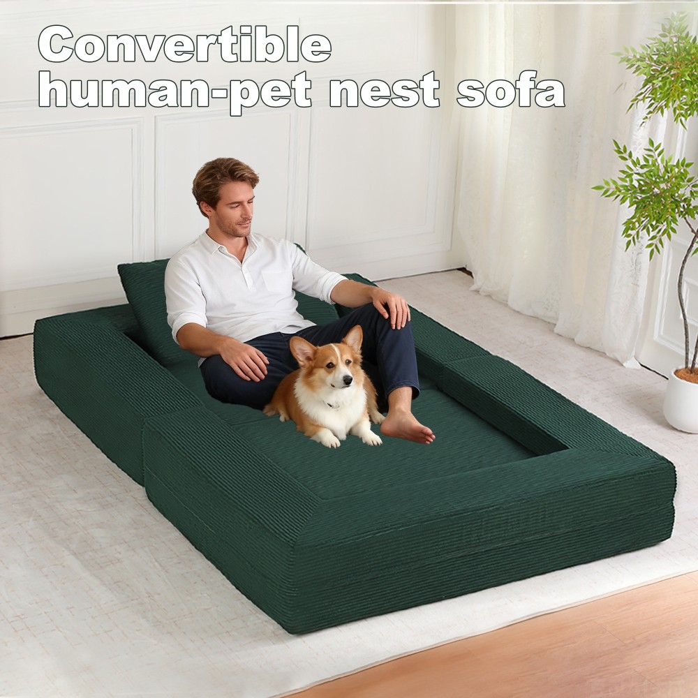 Corduroy Floor Sofa Bed w/ Pillow for Adults & Pets, Dark Green