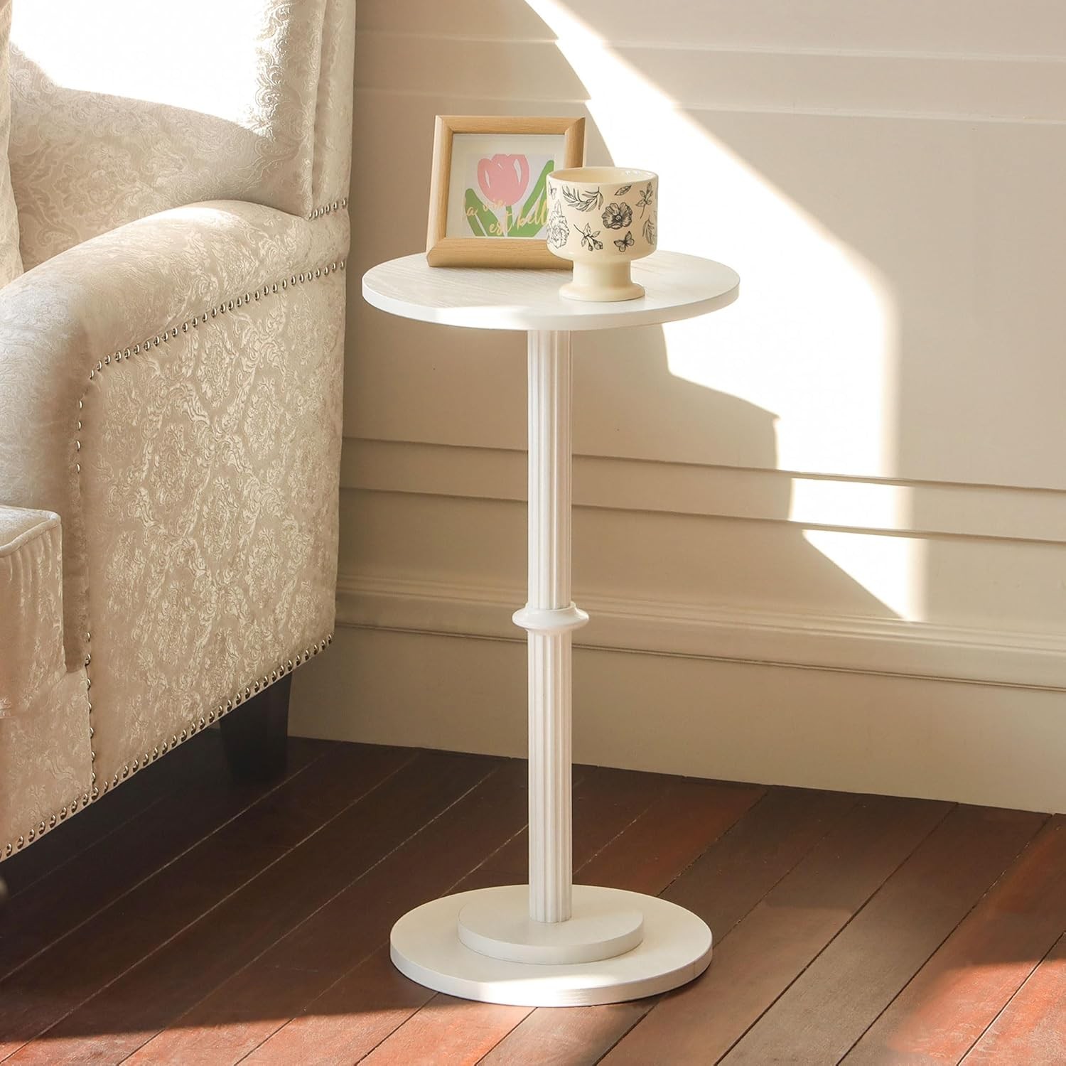 Drink Table Small Side Table Small Spaces Durable Round End Table W/ Fluted Wood