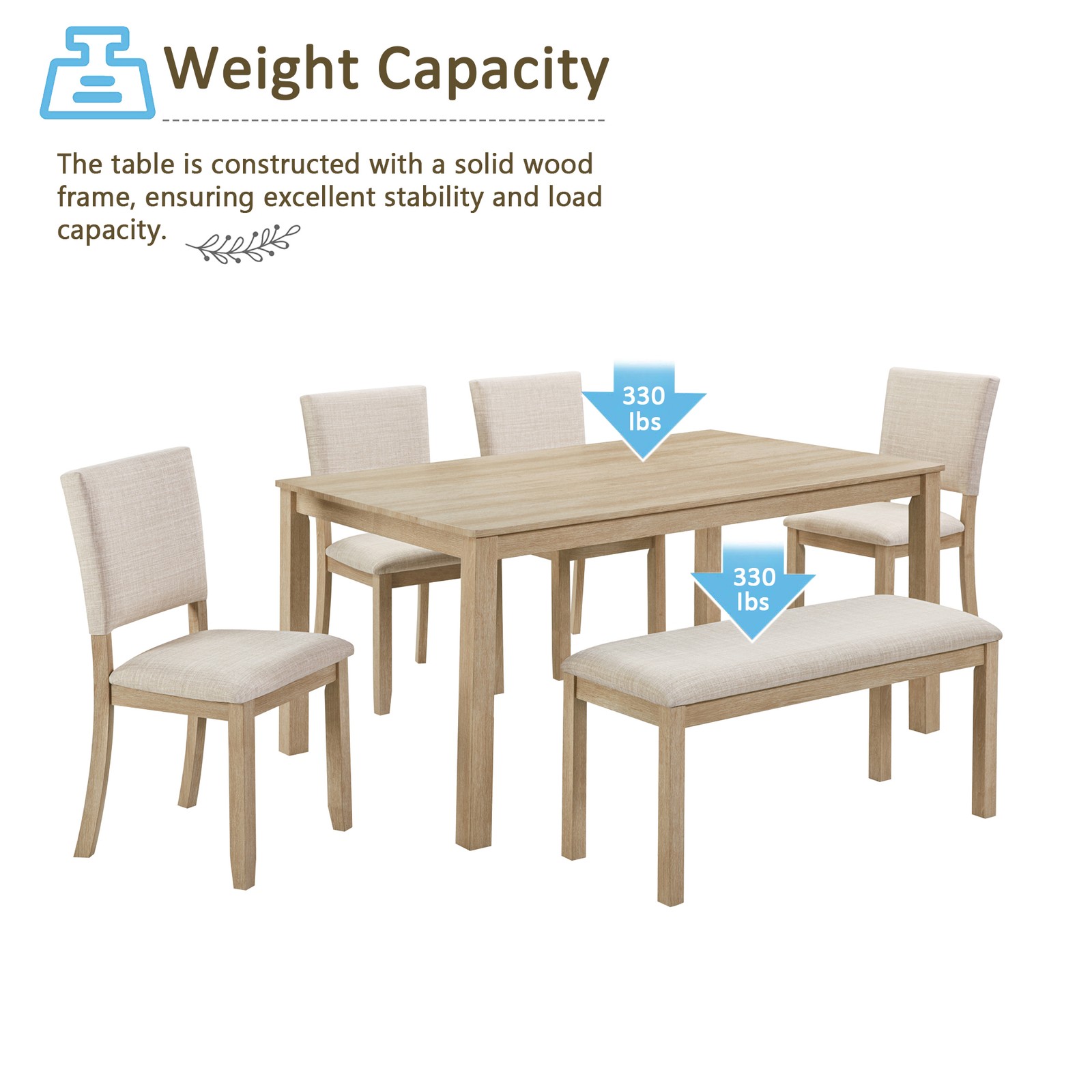 6Pcs Dining Table Set with Bench, Wooden Rectangular Kitchen Table Set Modern US