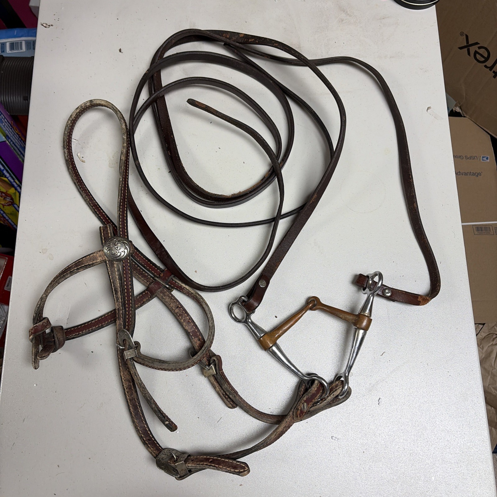 Vintage Western Browband Horse Tack Bridal Bit & Reins Leather Straps Embossed