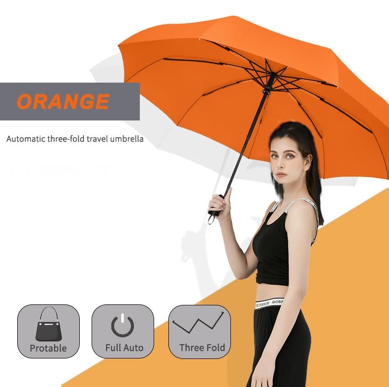 SIEPASA Windproof Travel Compact Umbrella-Automatic 42 Inch-1 Pack, Orange