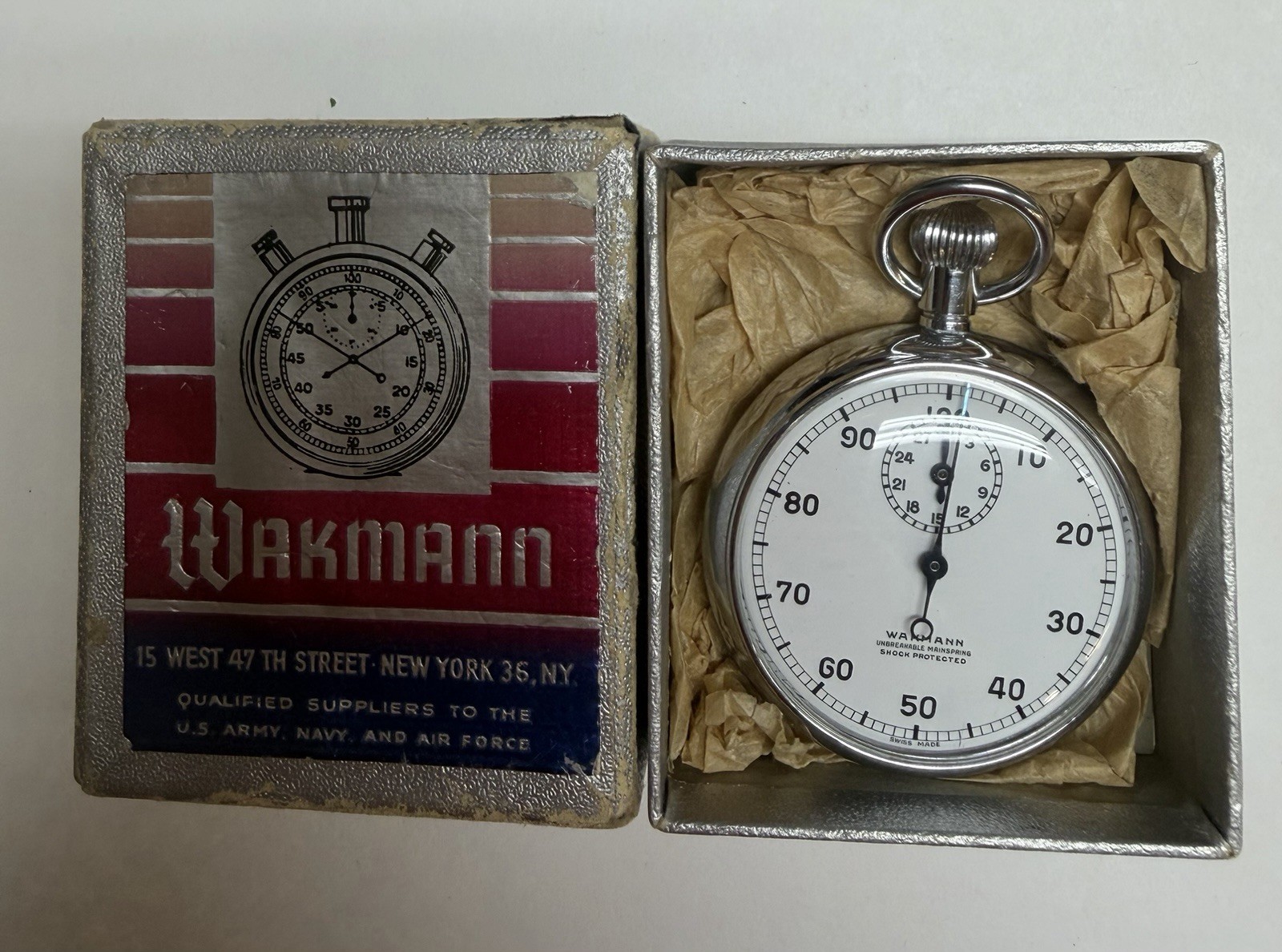 Wakmann Mechanical Analog Stopwatch Silver Tone Metal Case With Box