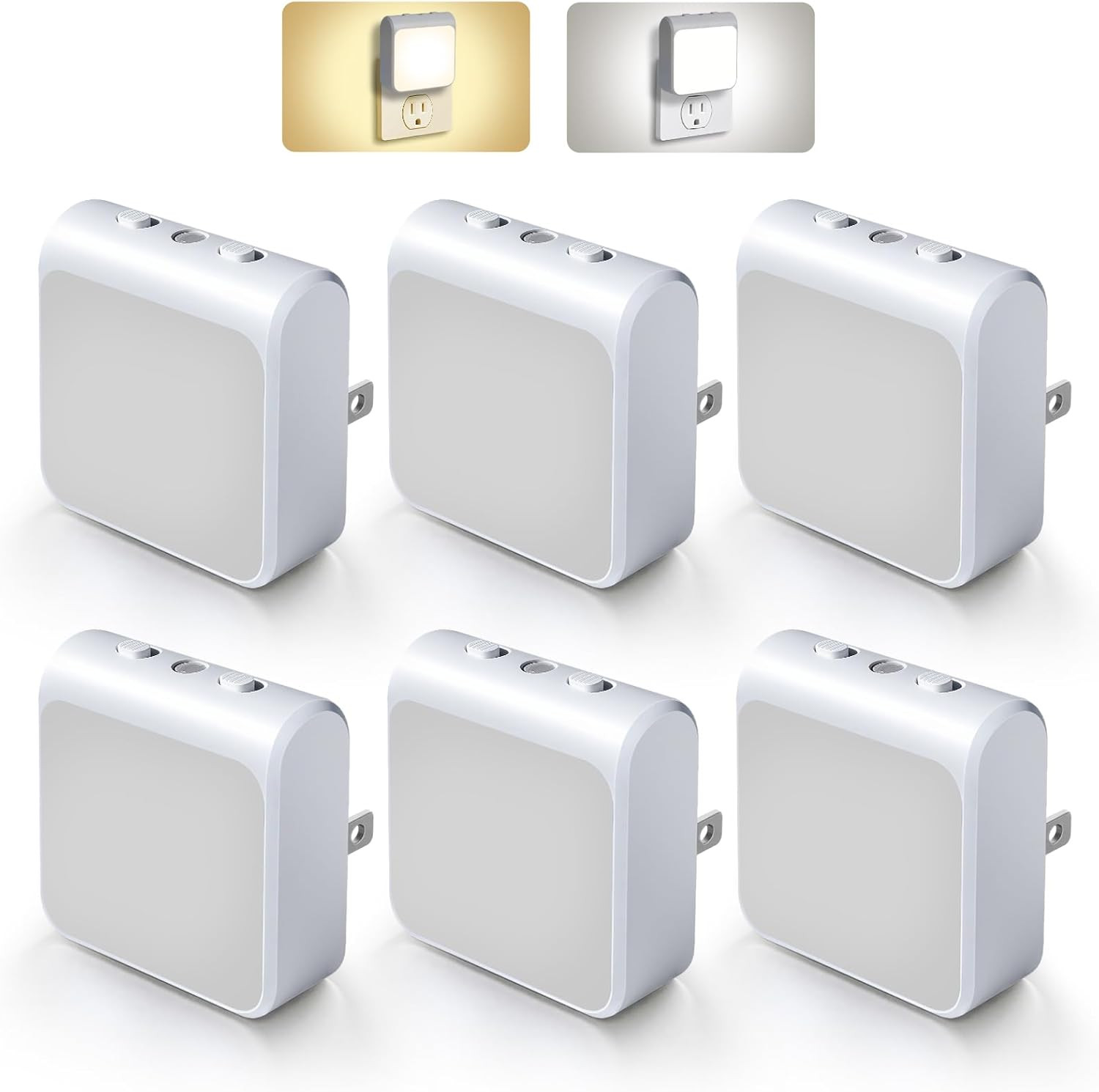 6-Pack Dimmable LED Night Lights Plug into Wall with Dusk to Dawn Sensor, 2 Colo