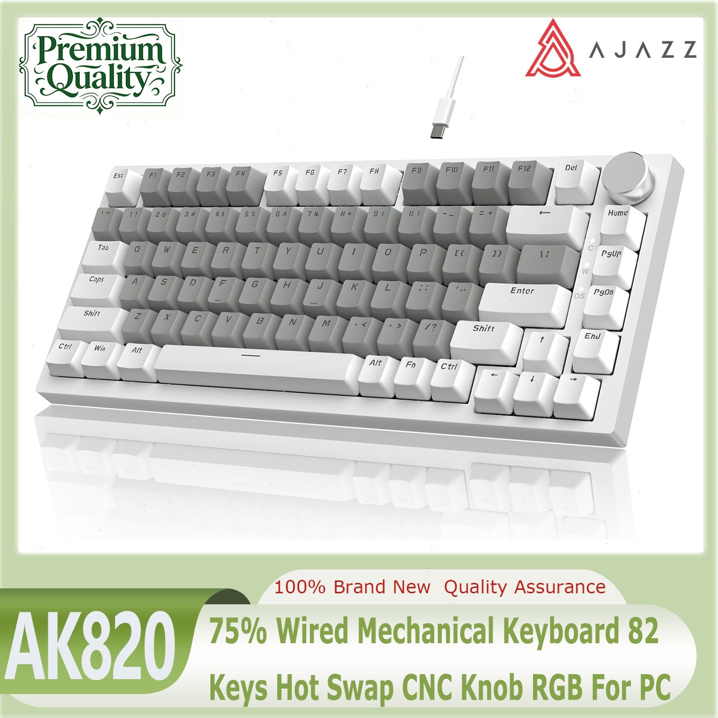 AJAZZ AK820 75% Wired Mechanical Keyboard 82 Keys Hot Swap With Knob RGB For PC