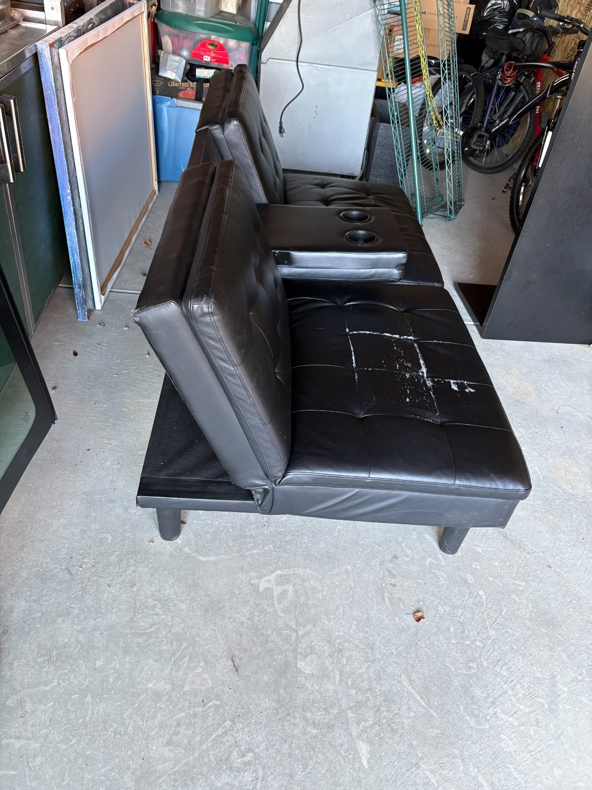 6 ft. Used Folding Studio Couch w/ 2 Drink Holders, Black
