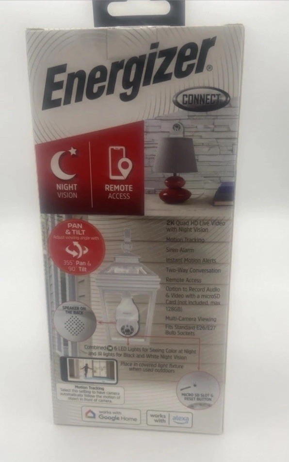NEW Energizer Smart Camera Wi-Fi Indoor Outdoor Fits Bulb Socket with Voice
