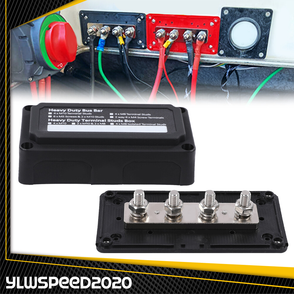 Heavy Duty 4 Way Bus Bar/Power Distribution Box Terminal Studs 300A 48V DC Black