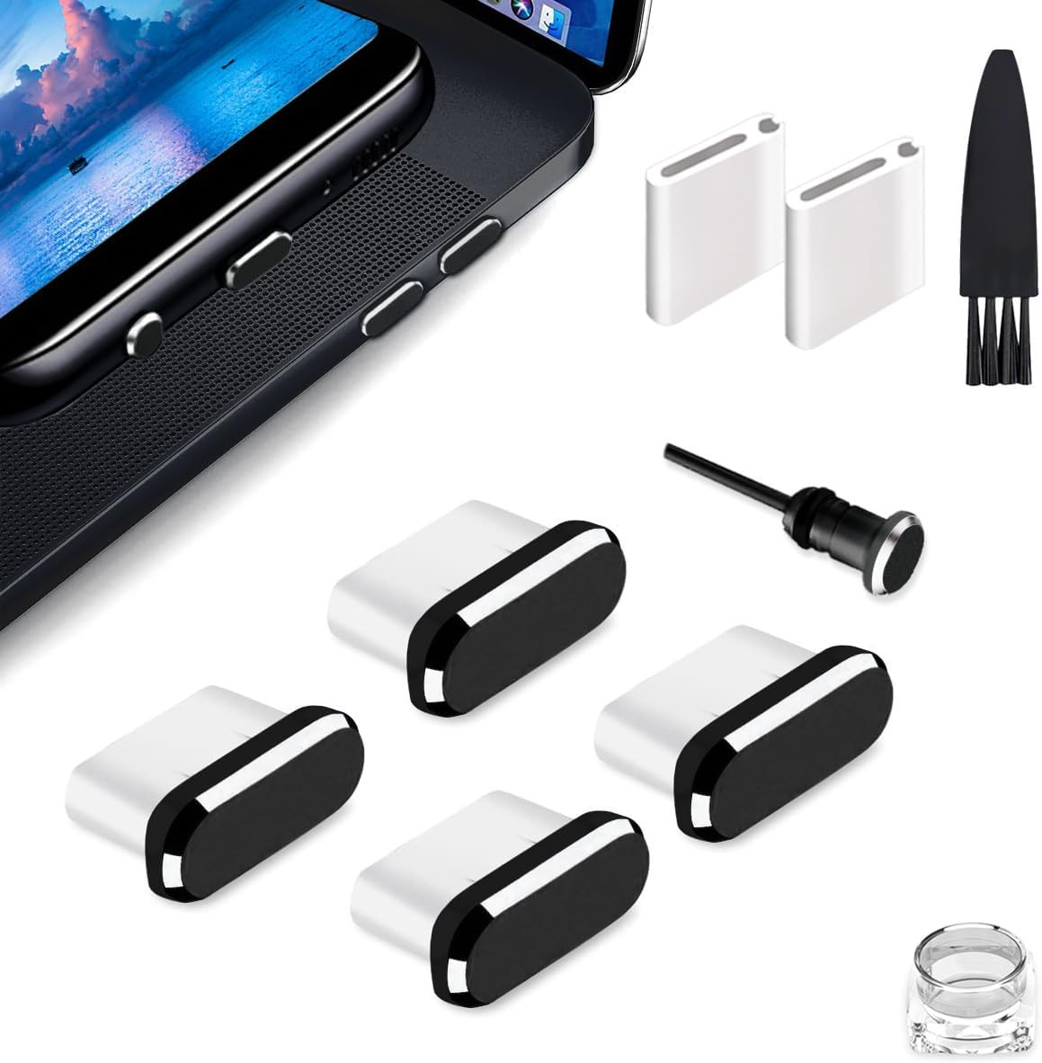 USB C Dust Plug, Type C Dust Cover Charging Port Cap 4 PCS with Cleaning Brush B