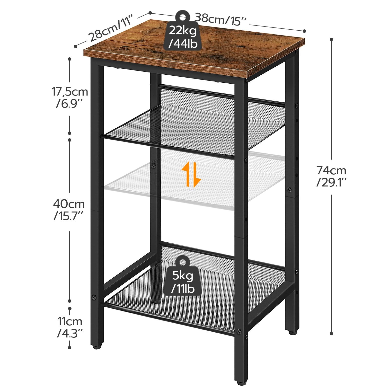 HOOBRO Side Table, Industrial End Telephone Table with Adjustable Mesh Shelves,