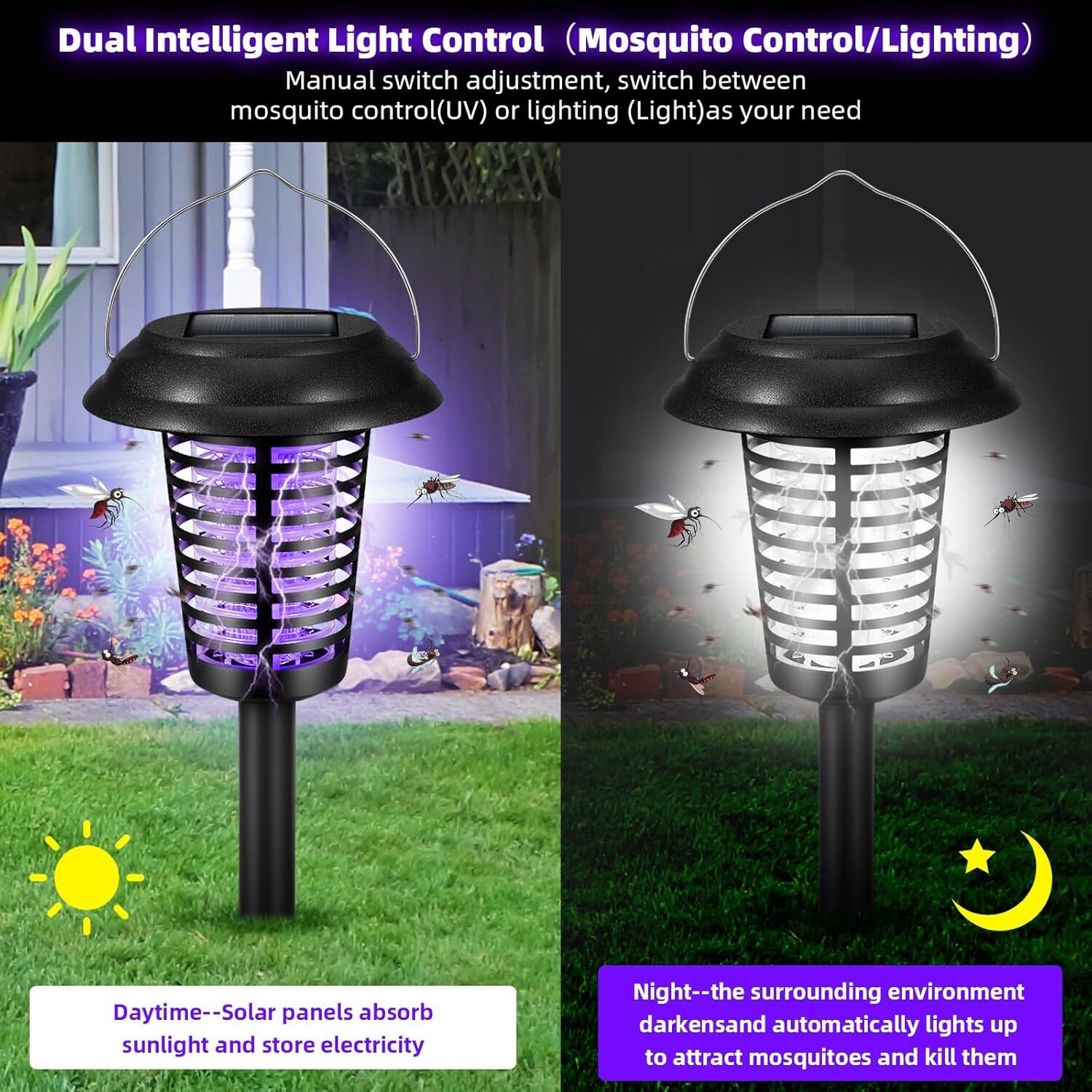 2 Pack Solar Bug Zapper - Solar Powered Mosquito Killer for Yard Garden