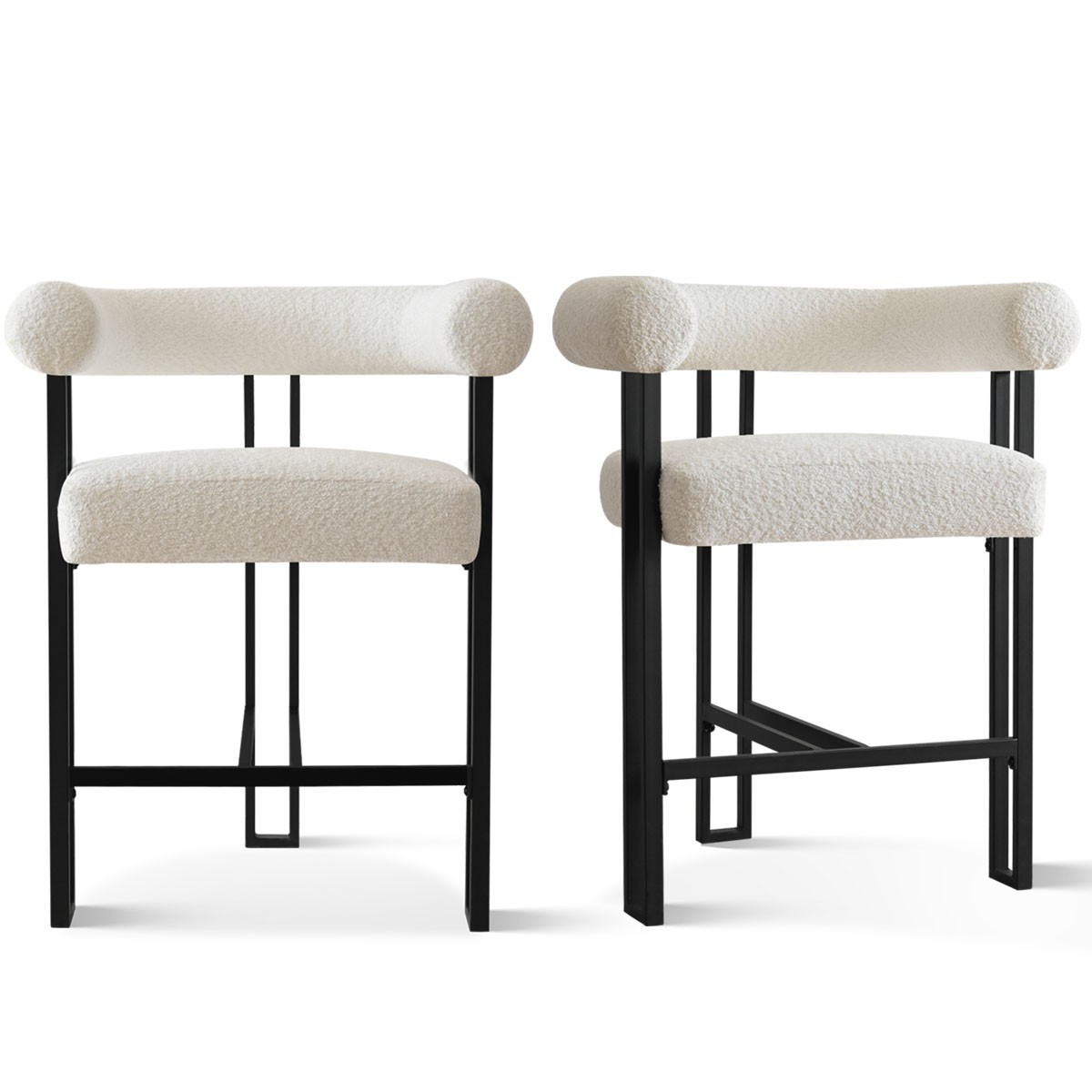 2 Pack Boucle Counter Height Bar Stools Thick Armrest Metal Frame Dining Chairs