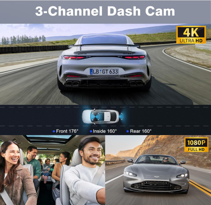 SHRINLUCK 4K+1080P+1080P 5.8GHz WiFi Dash Cam Front and Rear Inside, 64G SD