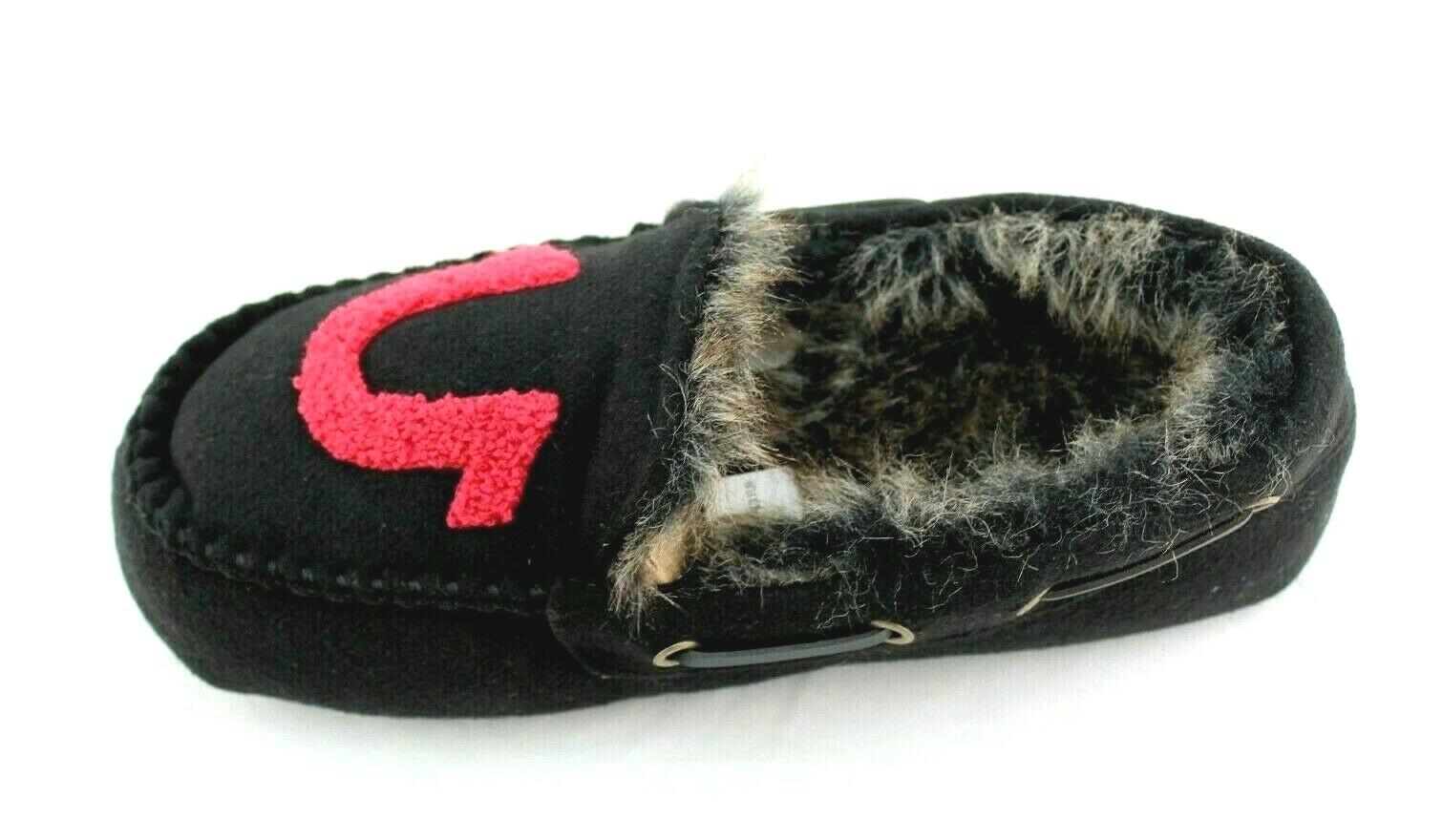 New TRUE RELIGION Size S 7-8 Black / Red Faux Fur Lined Men's Moccasins Slippers