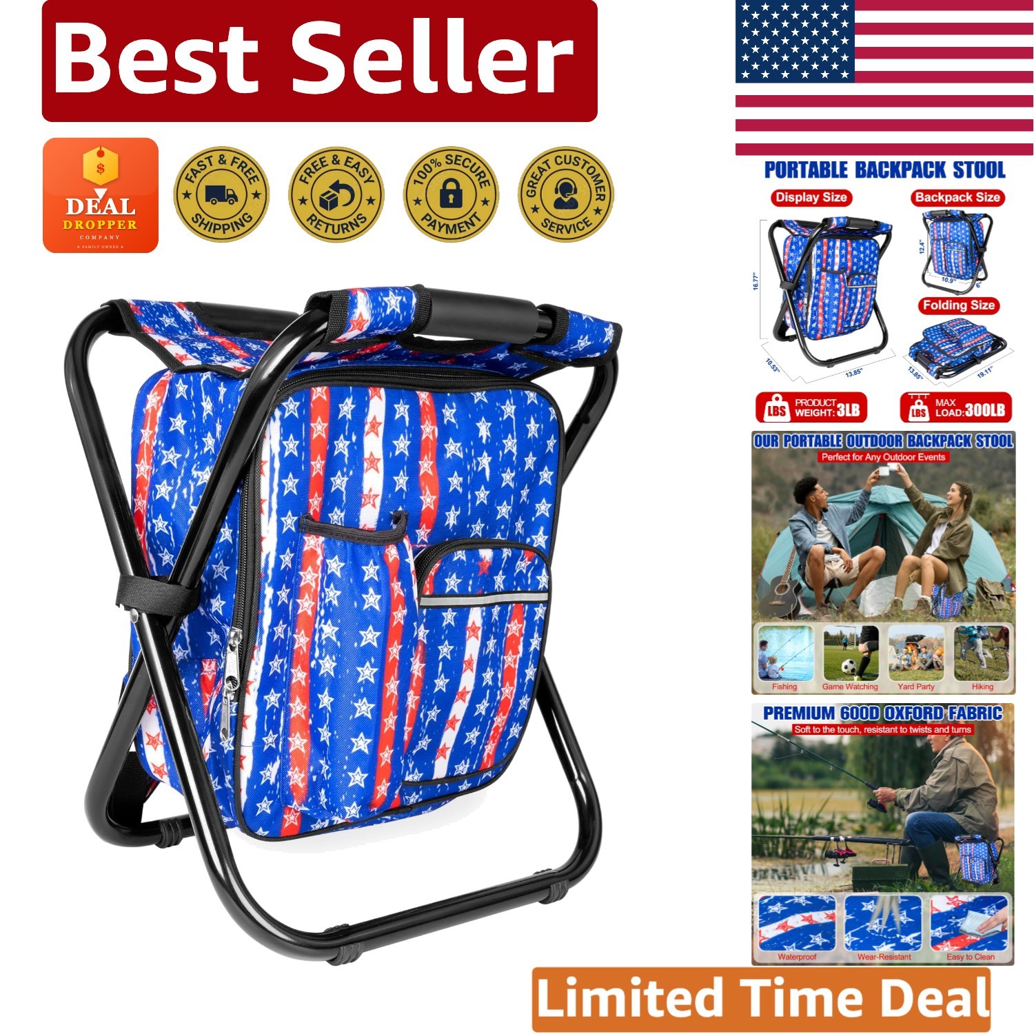 Lightweight American Flag Backpack Chair - 300 lbs Max Load with Storage Pockets
