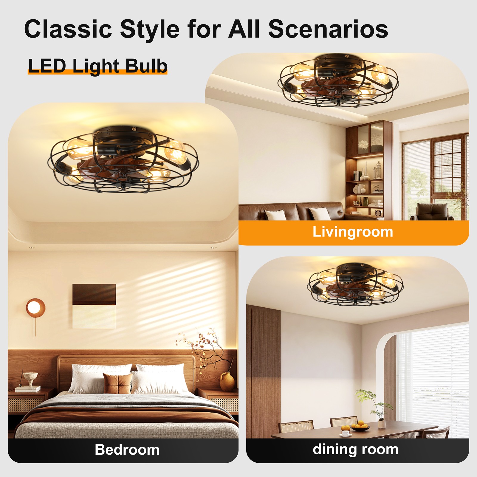 19.7" Industrial Caged Ceiling Fan with Light, 6-Speed, Remote, Timer