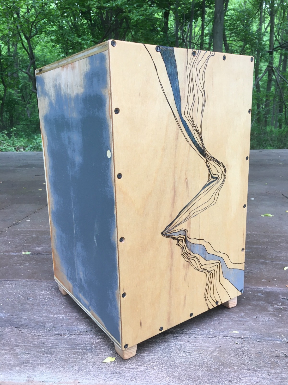 custom made box drum, all wood with snare & one-of-a-kind tap cover art